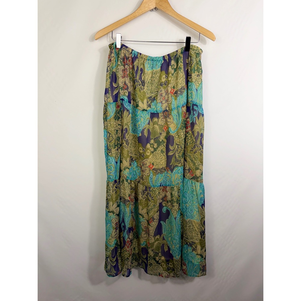 Coldwater Creek Womens Medium Paisley Floral Tiered Maxi Skirt Blue Green Boho